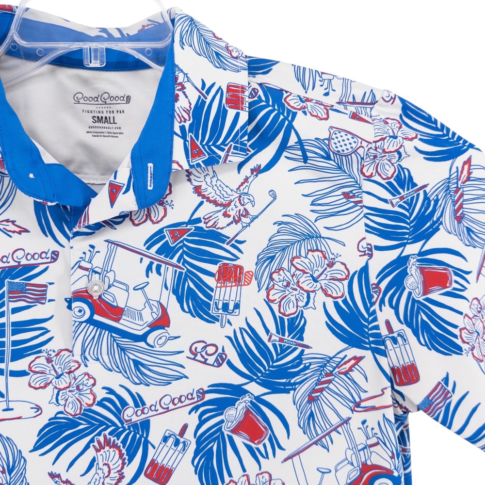 Good Good Golf Mens Small Red White Blue Hawaiian‎ USA American Flag Polo Shirt